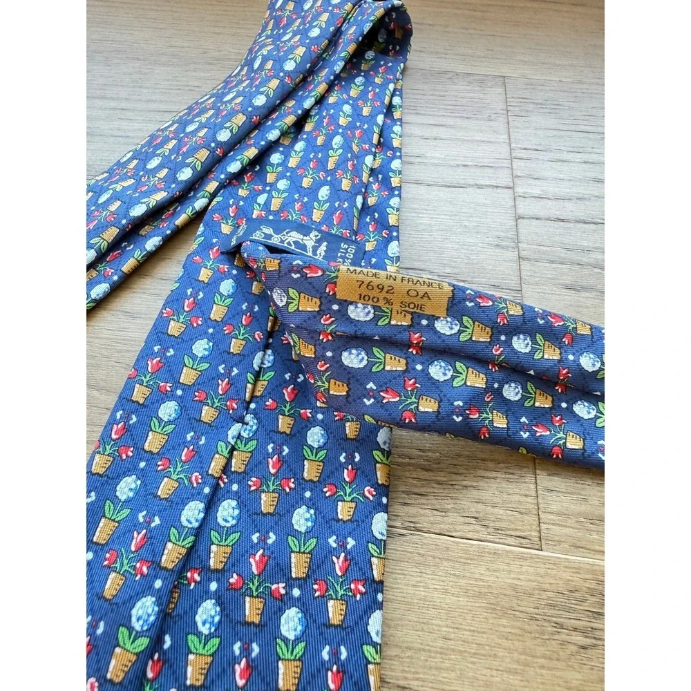 Hermes Paris Mens Blue‎ Silk Tie Potted Flowers Topiary Floral 7692 OA France